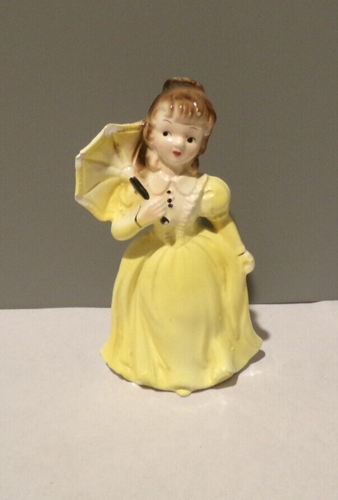 Vintage Porcelain Victorian Girl with Parasol in Yellow Dress; 5 in tall Japan