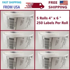 5 Rolls 4x6 Direct Thermal Shipping Labels - 250 per roll - 1250 labels