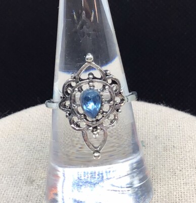 Silver Tone Blue Rhinestone Unique Design Fashion Ring Sz 8 F380