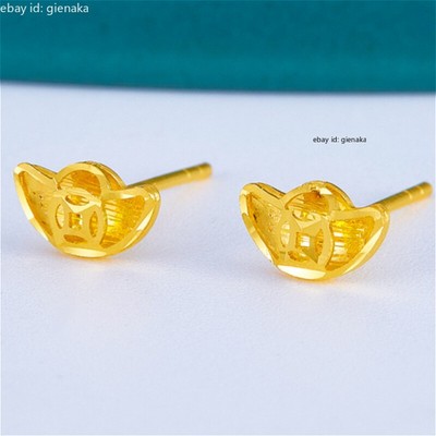 Real Pure 999 24K Yellow Gold Yuanbao Coin Stud Earrings Women Jewelry 1.02-1.2g