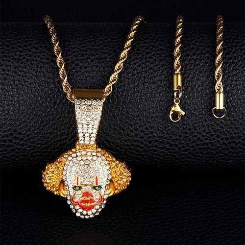 Hip hop AAA + 39*40mm gold plated color clown rhinestone pendant necklace 24"