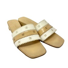 CHANEL Vintage CC Logo Sandals Mules 36 Cream White Leather Flat Square Toe