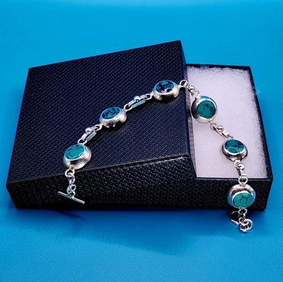 Vintage Sterling Silver Toggle Bracelet Green Turquoise Style Art Stone Design