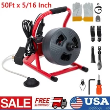 50FT 5/16" Electric Drain Cleaner Sewer Snake Cleaning Machine Cutters & Gloves