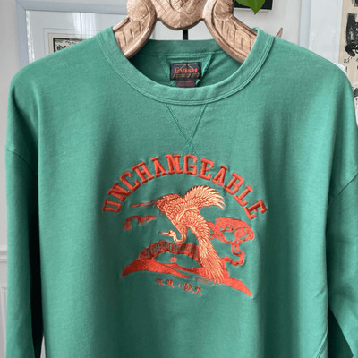 Evisu Men's T-shirt Green Long Sleeve Unchangeable White Heron Bird Embroidered