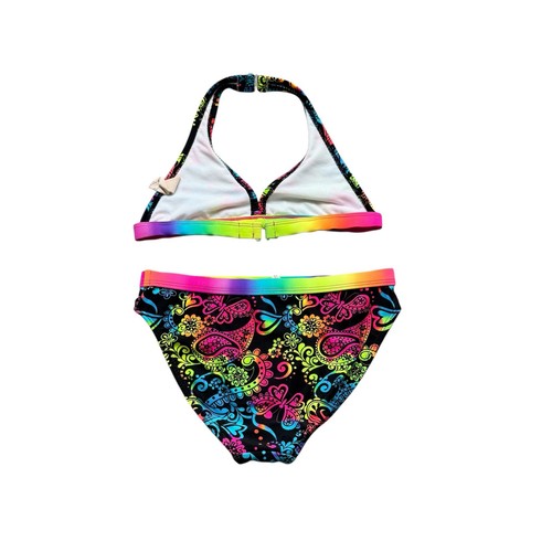 Girls M 7-8 OP Neon Rainbow Paisley Halter Triangle Bikini Swimsuit Set - Picture 2 of 2