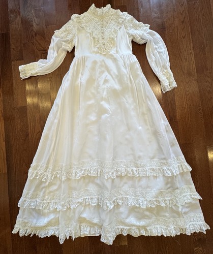 Gr. 10 Vintage Spitze viktorianisch Prärie Brautkleid elfenbeinfarben hochgeschlossen Langarm - Bild 8 von 15