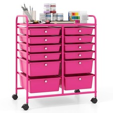 12-Drawer Rolling Storage Cart w/ 2 Sizes Plastic Drawers Hot Pink