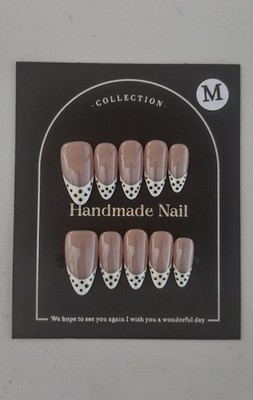 Polka Dot French Tip Almond Shaped Press On Nail Set Glue Included 