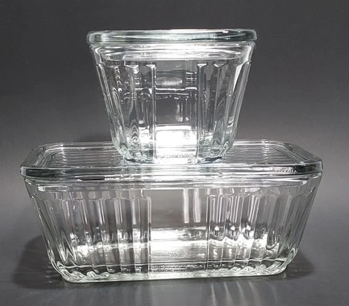 Anchor Hocking 1932 Vintage Design Ribbed Clear Glass Refrigerator Dish Lid Set
