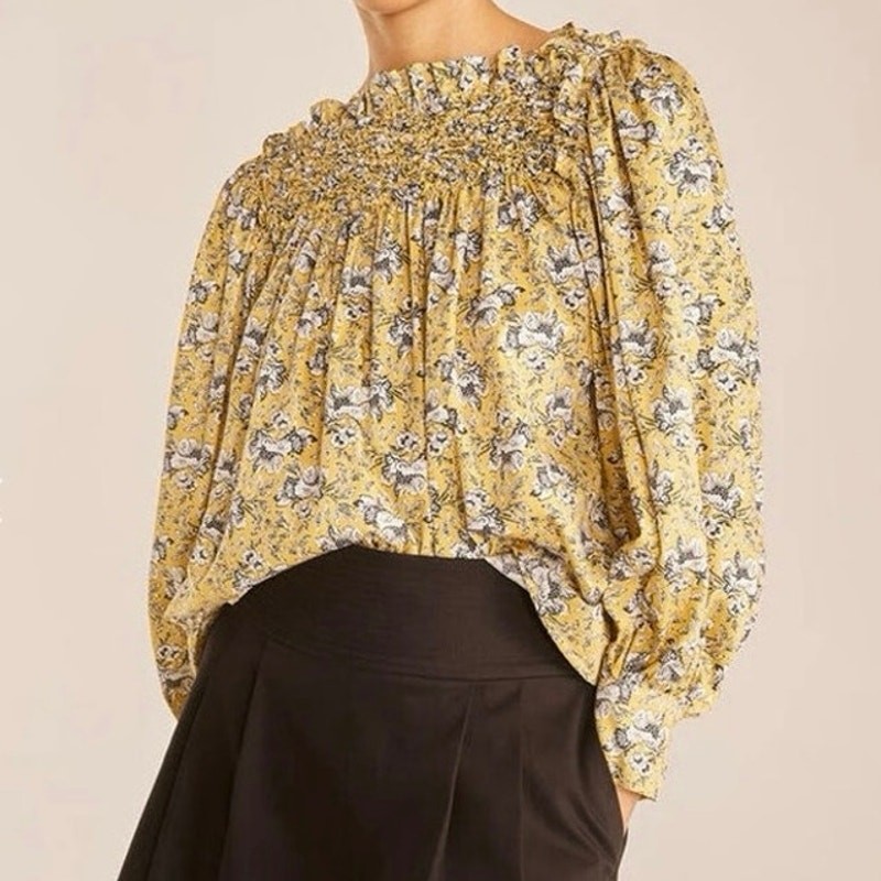 Womens Rebecca Taylor Intaglio Rose Smocked Blouse Yellow Floral Size XL EUC!