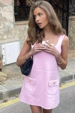 ZARA WOMAN SS25 MINI STRAIGHT NECKLINE KNIT DRESS PINK 4192/054 