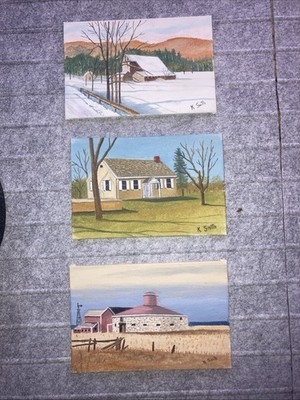 K Smith Original Oil Paintings 3 Miniatures  4  X  6  Quaker Meeting House