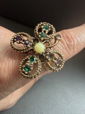 Vintage Gold Tone Butterfly Ring Beaded Desig...
