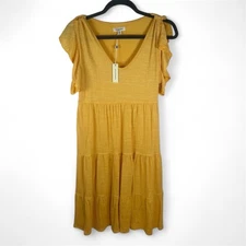 Max Studio Ruffle Cap Sleeve Tiered Jersey Babydoll Dress Sunshine Gold New