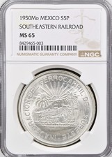 1950-MEXICO SILVER 5 PESOS-SOUTHEASTERN RAILROAD-NGC MS 65-Blast White Gem
