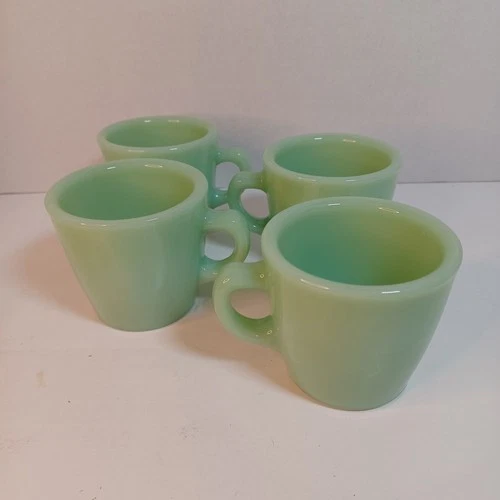 EXC Vintage 2 7/8” Fire-King Jadeite Restaurant Ware 6 oz Coffee Mugs 4 Cup Set
