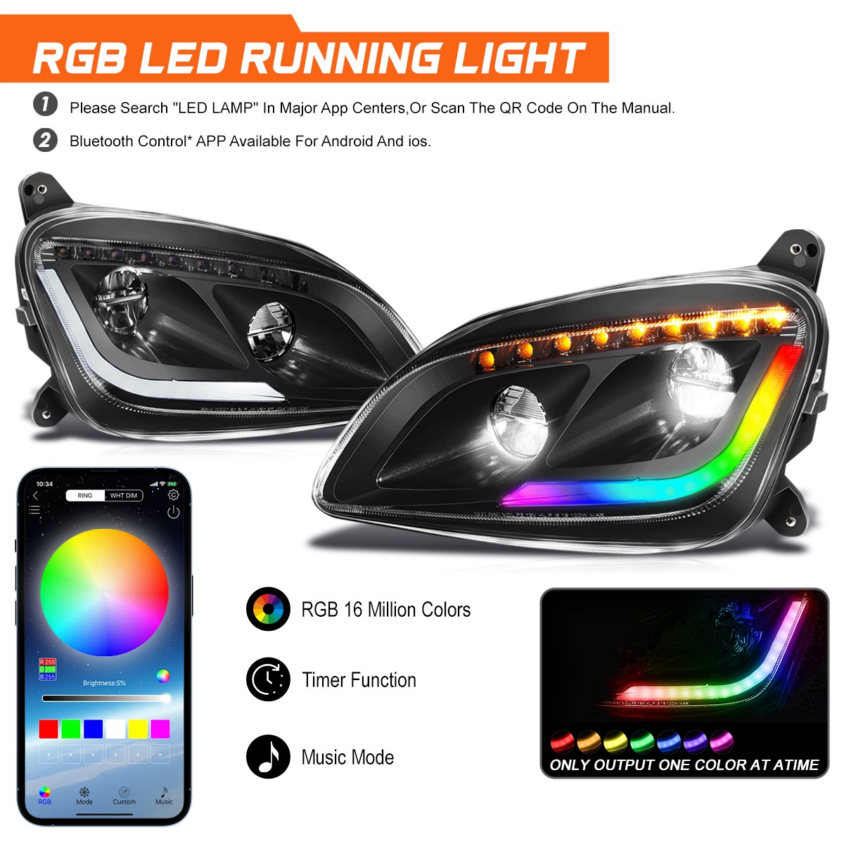 For 11-21 Peterbilt 579 587 Sequential Turn Signal RGB LED DRL