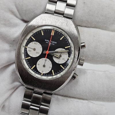1970sヴィンテージ【160×75】ベニワレン 人気ダイヤ柄 Vintage Waltham Chronograph Panda Dial B418 Black Dial Valjoux