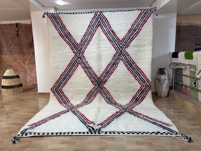 Moroccan Berber Beni Ourain Wool Rug Color White, Black and Red Design Carpet Ru
