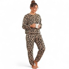 Joyspun Women's L Leopard Plush Fleece Pajama Set 2PC Long Sleeve Lounge PJs