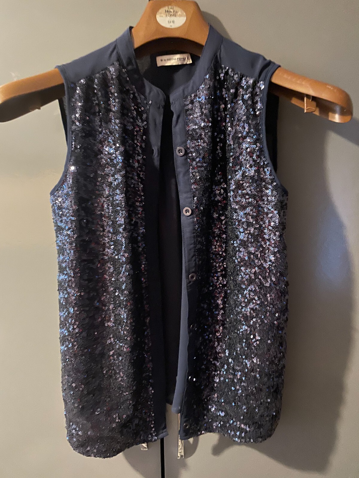 Blue Sequin Sleeveless Button-Up Blouse for Women XS