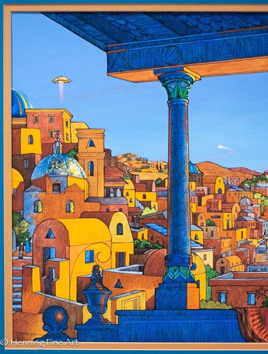 Amazing Sci Fi Mediterranean Inspired Coastal City w/ Space Craft & Star, Framed - Picture 3 of 10