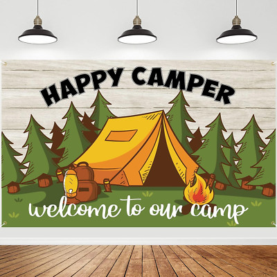 Camping Themed Party Decorations Happy Camper Banner Backdrop 5.9 X 3.6 Ft, Outd