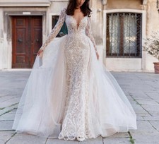Mermaid Wedding Dress Detachable Train Embroidery Lace V-neck Lace Bridal Gown