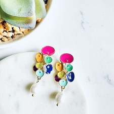 Long Colorful Enamel Geometric Pearl Drop Earrings Botanical Boho NEW Jewelry