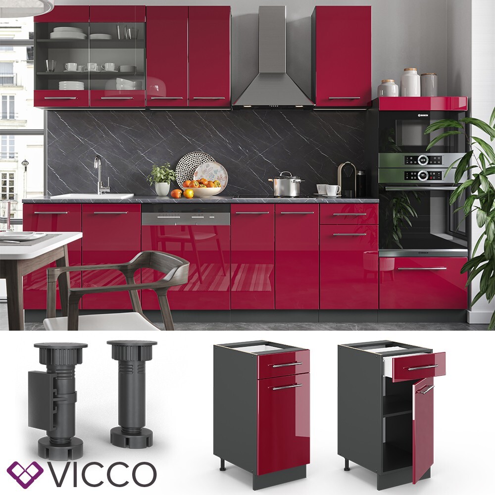 Schubladenbodenschrank Küchenschrank Fame-Line 40 cm anthrazitrot Vicco