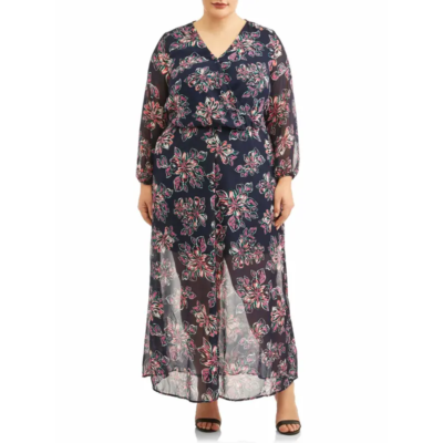 New Look Blue Floral Chiffon Semi-Sheer Surplice Boho Belted Maxi Dress 1X  Plus | eBay