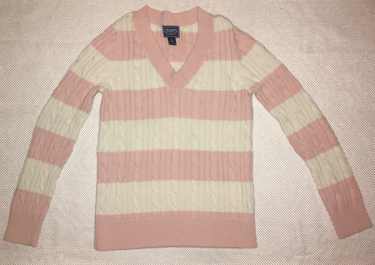WOMEN S S 100 COTTON PINK WHITE STRIPED KNIT V NECK SWEATER BY CHAPS