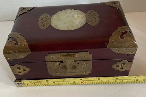 Rosenholz Schmuck Truhe Schmuck Box Messing Jade Schmuck Orientalisch Grün Seide Vintage - Bild 15 von 16