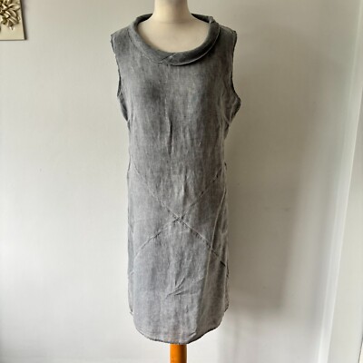 Lina Tomei Made in Italy Grey Pure Linen Dress Ribbed Panels