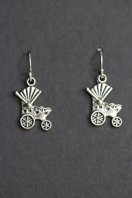 Baby Carriage Earrings Buggy New Mom 925 sterling silver Hooks Pewter charms 