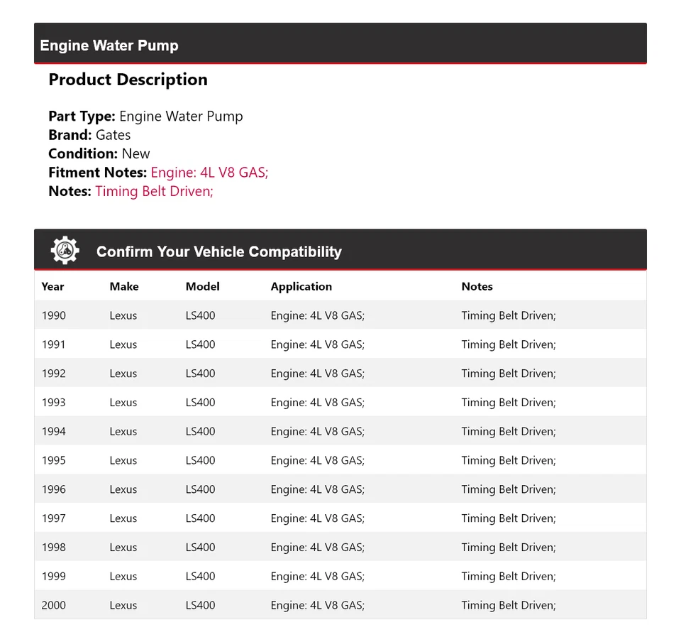 Para 1990-2000 Lexus LS400 4L V8 motor de gasolina bomba de agua puertas 1991 1992 1993 1994 Foto 2 de 4