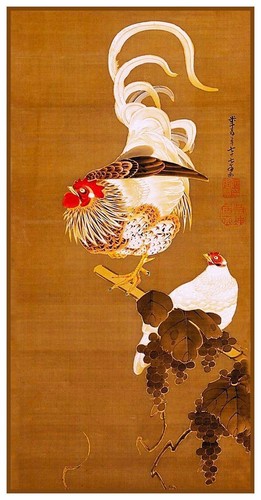 Patrón de punto de cruz contado de gallina y gallo de Asian Ito Jakuchu - Imagen 1 de 3