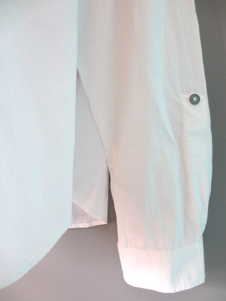 Scalloped Blouse Women XL White Roll Tab Sleeve Cotton Button Shirt Elegant Top - Image 3 of 4