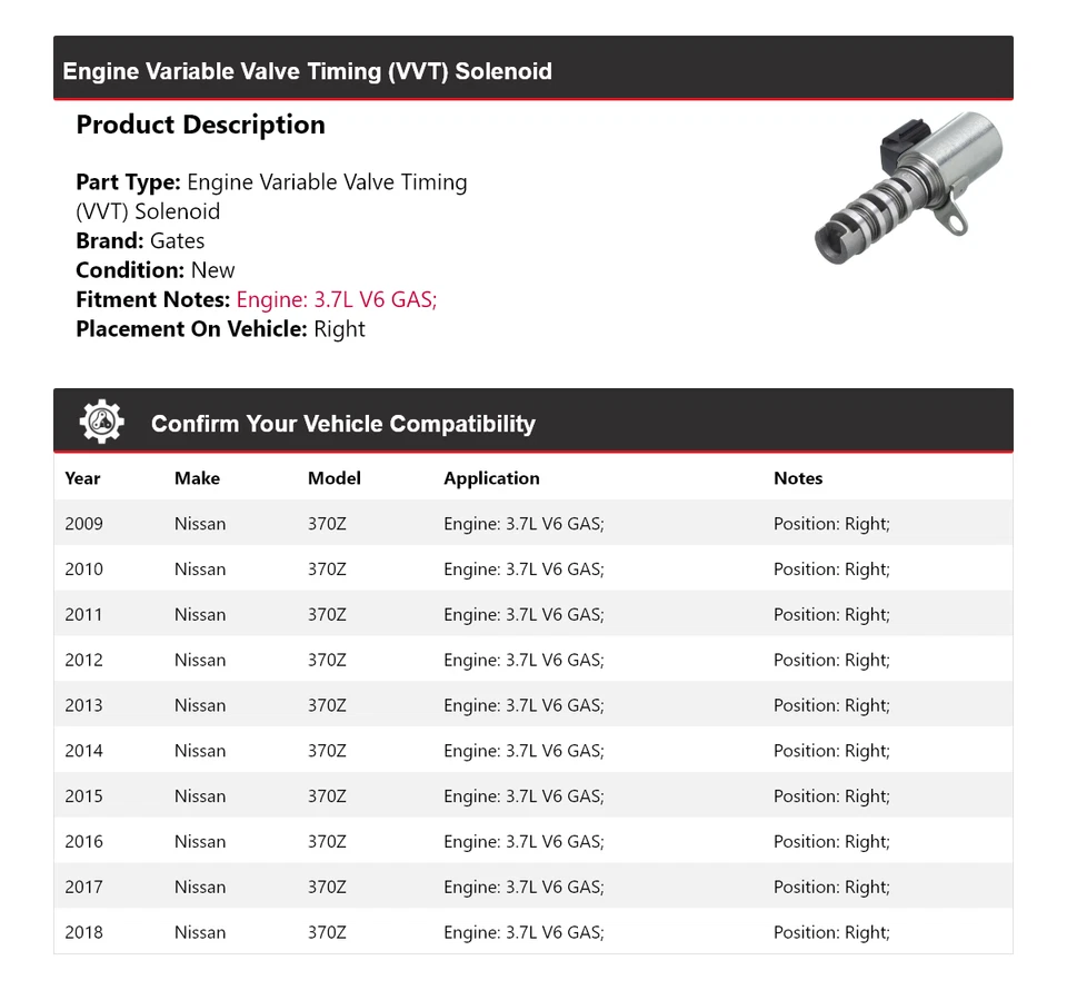 适用于 2009 - 2018 年日产 370Z 3.7L V6 气体发动机 VVT 电磁阀右门 2010 2011 — 第 2/4 张图片