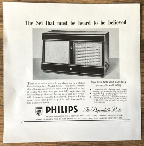!949 Philips Double-Superhet Model 681A 1st 12-Waveband Receiver Ad Advert