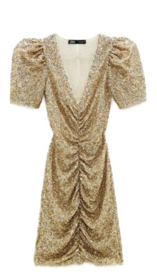 green emerald velvet dress Zara Embellished Bandeau Cowl Neck Mini Dress in Gold main image 0