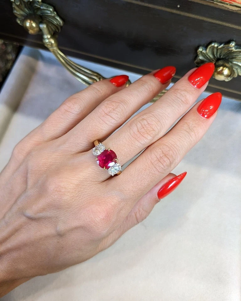 2.94Ct Oval Cut Natural Ruby & Diamond Wedding Ring 14K Yellow Gold Size 6.5 7 8 - Image 3 of 4