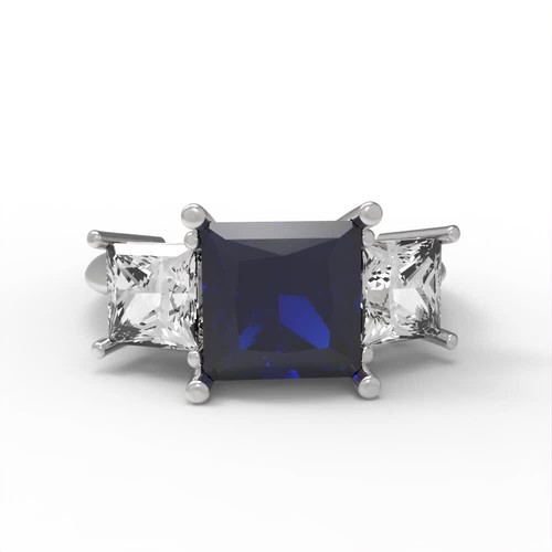 Anillo de compromiso de 3 piedras con zafiro azul simulado princesa de 2,5 quilates, oro blanco de 14 quilates - Vídeo 1 de 1