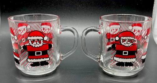 VTG Luminarc Clear Glass Santa Claus Christmas Mugs Holiday Cups Set Of (2) Two