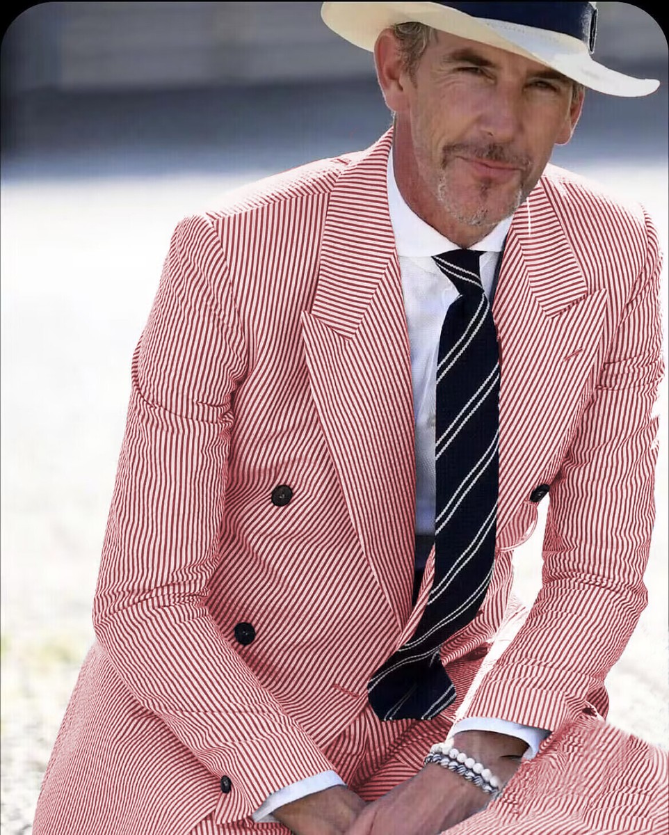 Summer Seersucker Men's Suits 2Pcs Business Double Breasted Suit