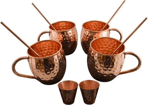 Set of 4 Pure Copper Moscow Mule Mugs Gift Set with 4 Straws and 2 Shot Glasses