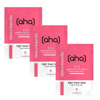 Skincyclopedia Glycolic Acid Sheet Mask Set, Multi Acid Peel Treatment. 3 Pack