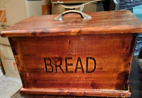 Pine Wood Bread Bin Box Brown Rectangular Lid w/ Handle 1 Loaf Vintage