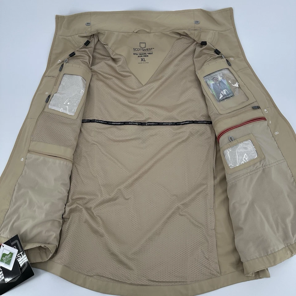 SCOTTeVEST Vest Mens XL Khaki Tan RFID Travel 26 Pockets TEC Teflon NWT Full Zip - Image 3 of 4